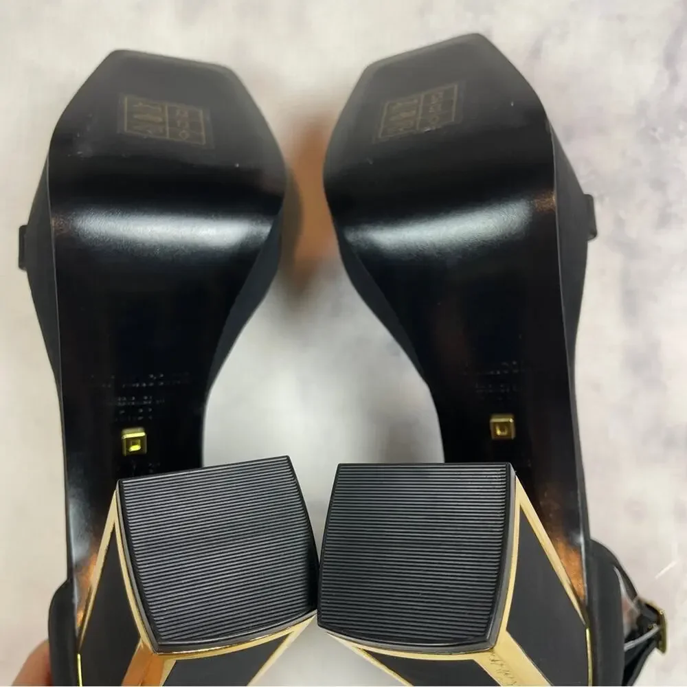 Kat Maconie Missy Black Platform Sandals Block Heel Gold Trim NWOB Sz 7.5